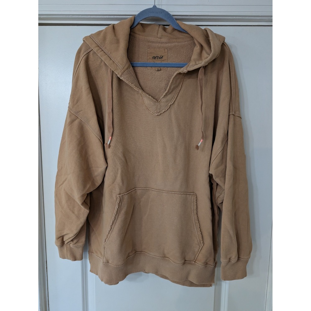 Aerie Womens Oversized V-Neck Hoodie Tan French Terry Medium barefoot lounge
